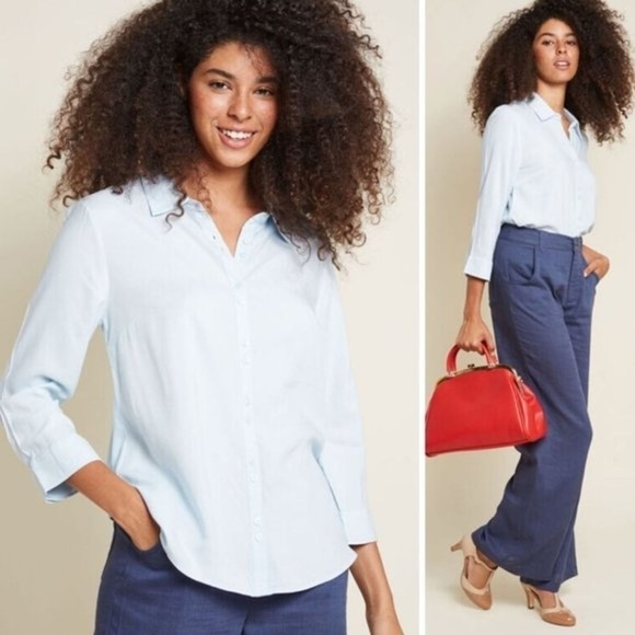 Modcloth Sunny Spirit Blue Button Up 3/4 Sleeve Blouse Shirt Size Medium - Picture 1 of 12
